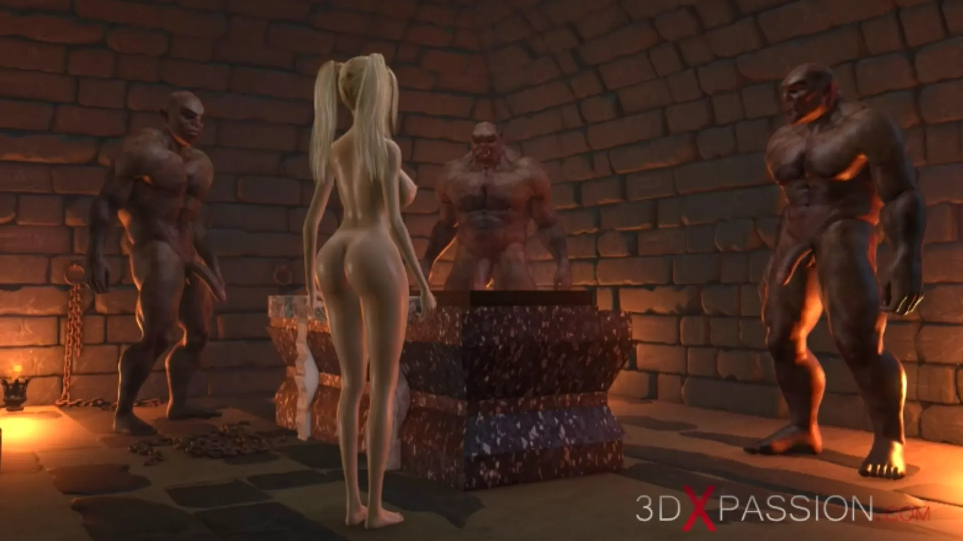 teen blonde standing in dungeon among cruel orcs