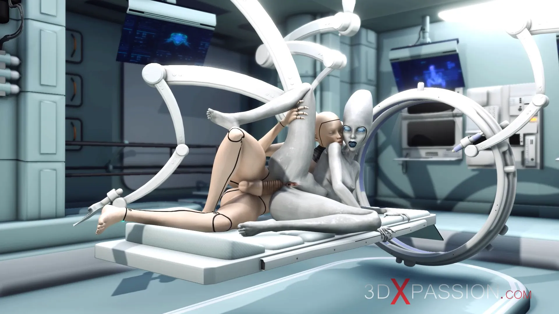 Sci-fi female android fucks alien surgery room space station