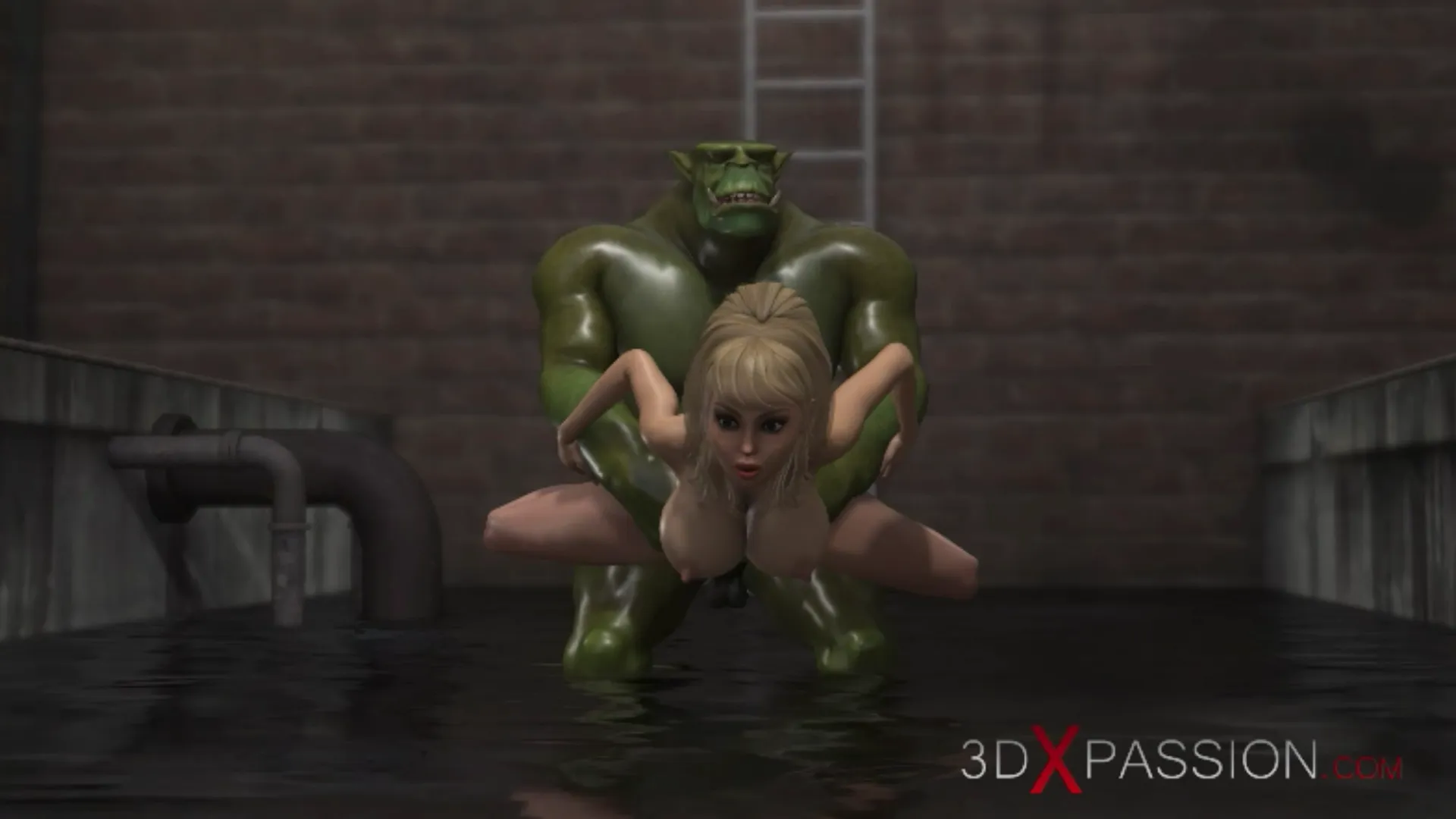 Horny hot girl standing fuck doggystyle green monster sewer